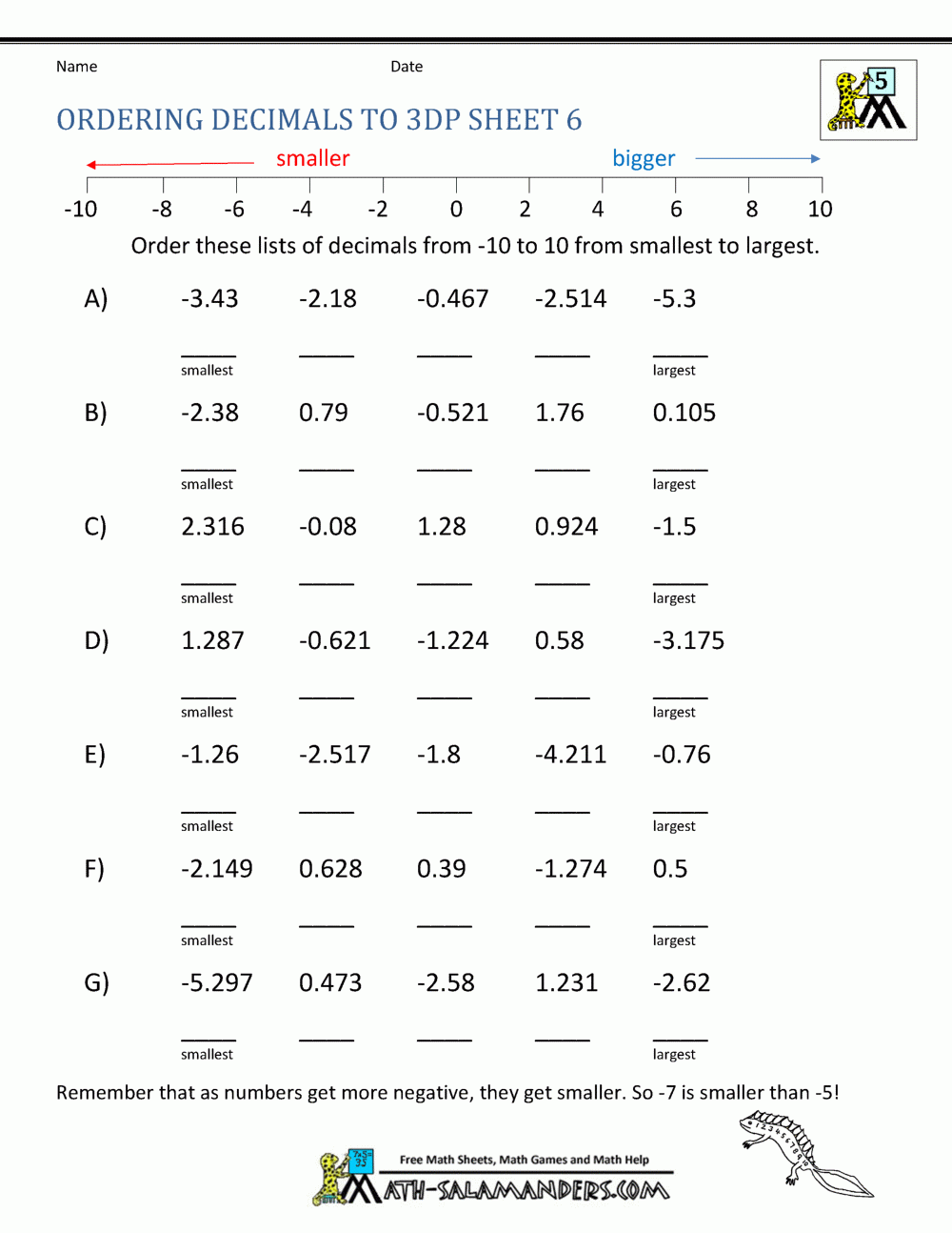 Ordering Decimals Worksheet Examples And Forms