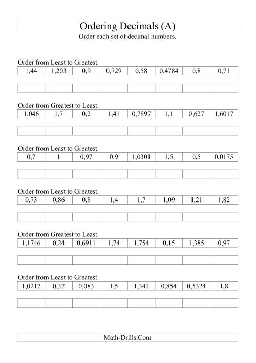 ordering decimals worksheet