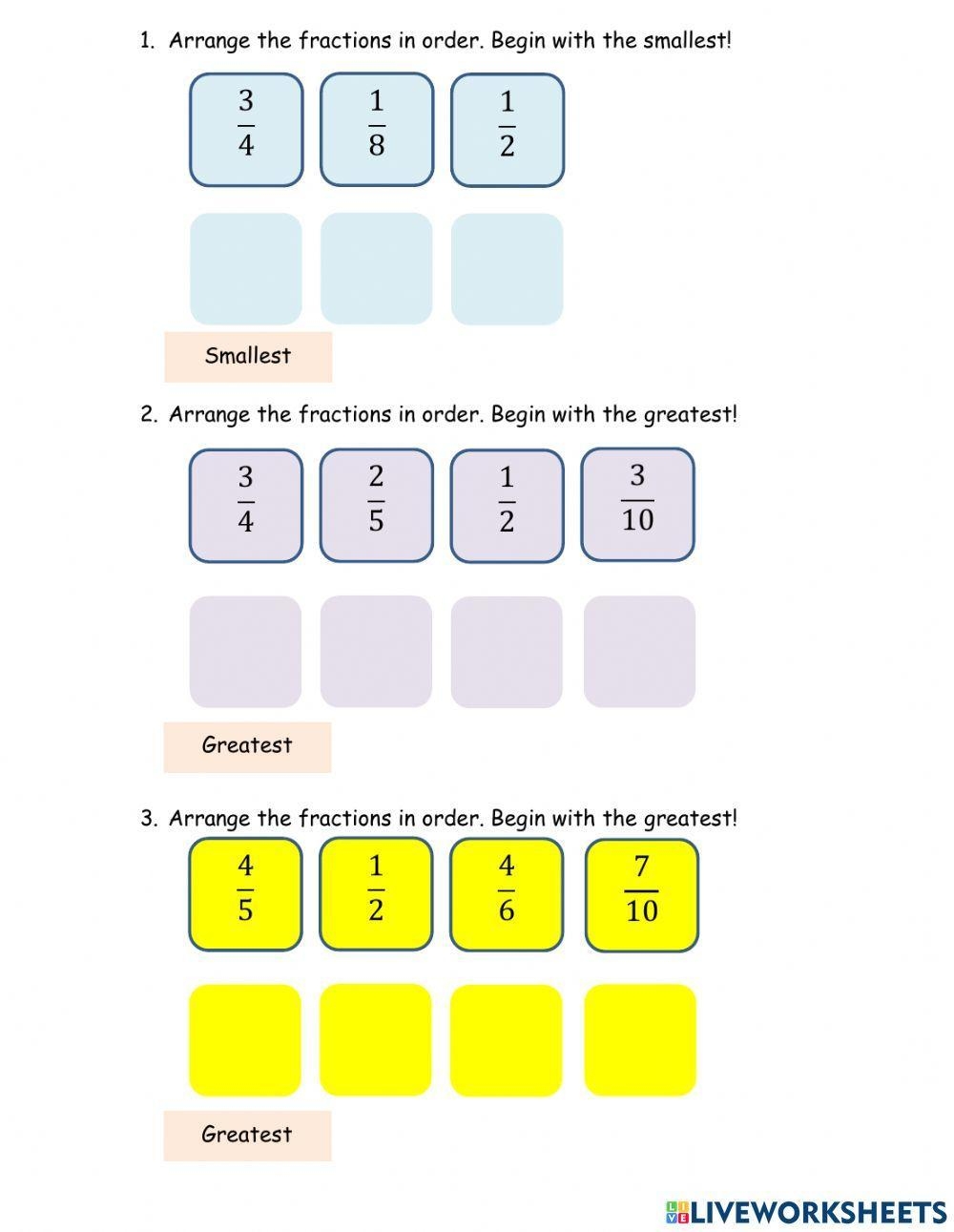 Ordering Fractions Fraction Worksheets For Year 3 age 7 8 By