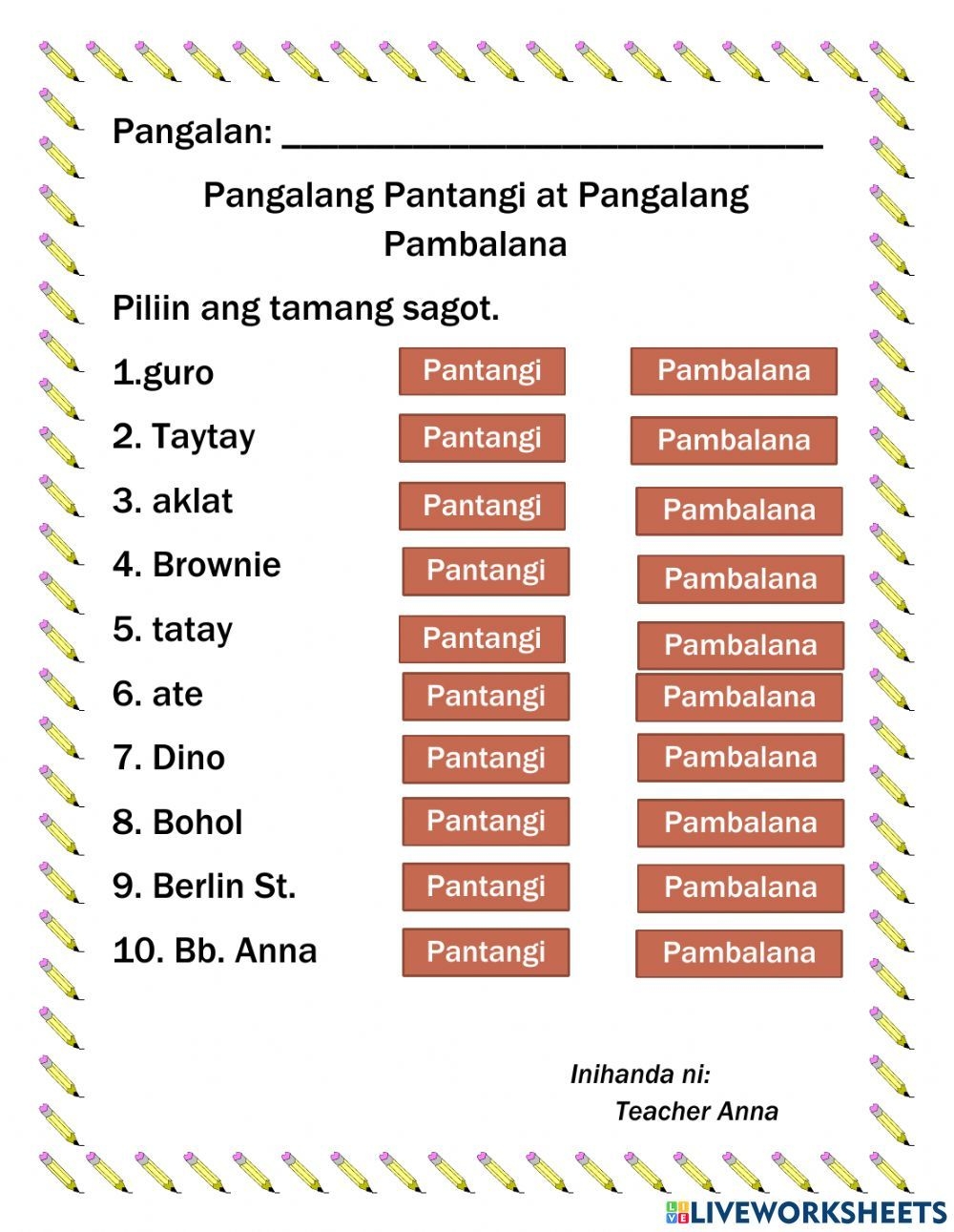 Pangalang Pambalana At Pangalang Pantangi Worksheet Letter Flashcards 