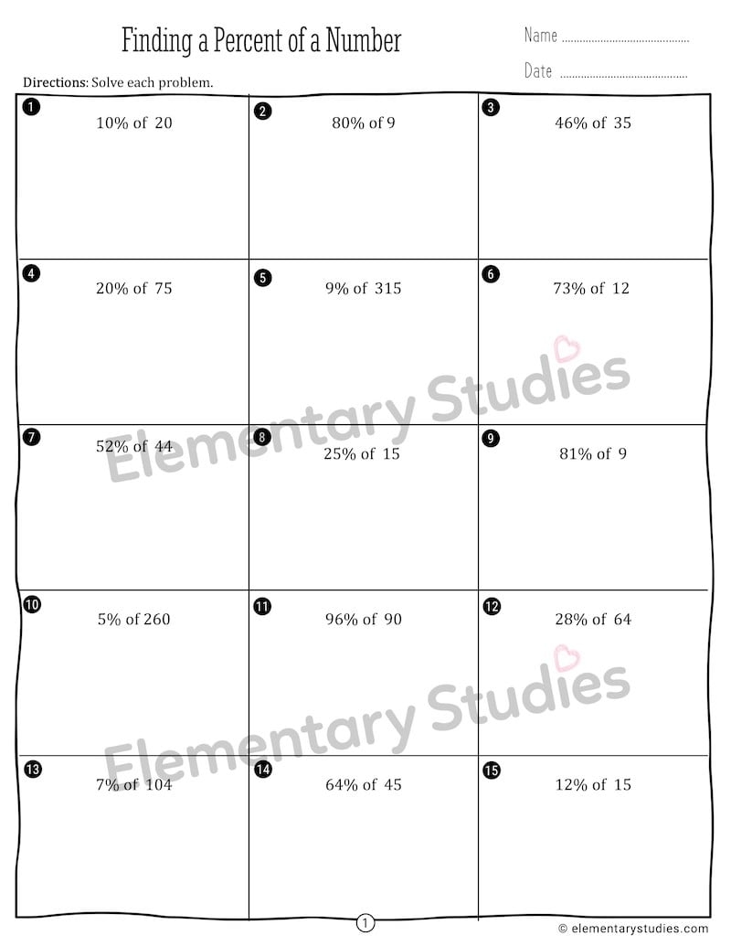 Percent Of A Number Worksheets Part Whole Percent Elementary 