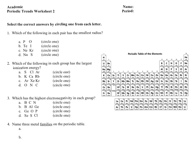 Periodic Table Trends Atomic Radius Worksheet Infoupdate
