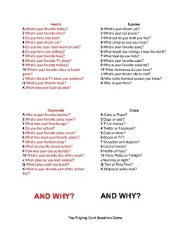 Play Your Cards Right Printable Questions