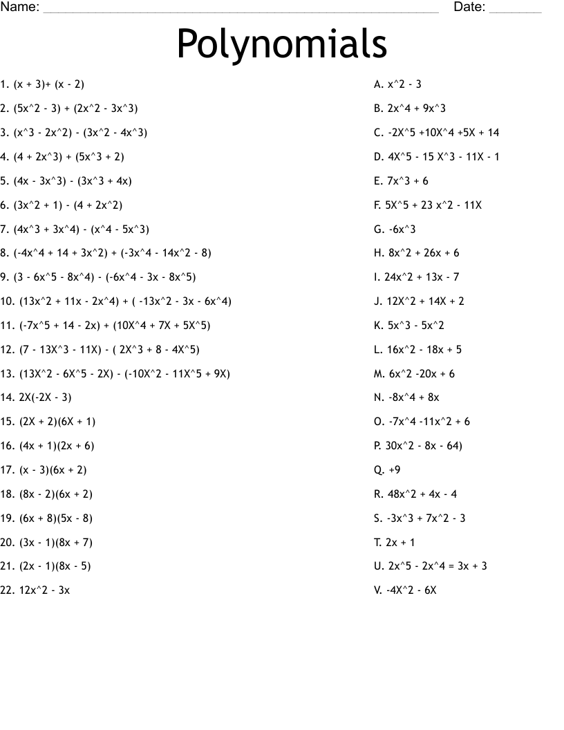 Polynomials Worksheet WordMint Worksheets Library