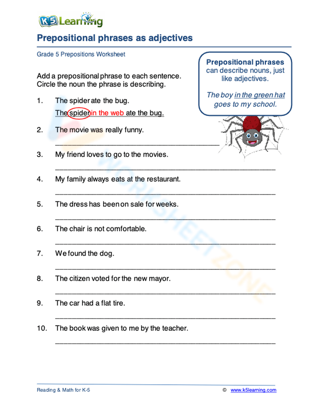 prepositional phrase worksheet