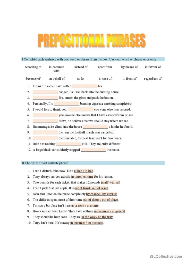 Prepositional Phrases General Gramma English ESL Worksheets Pdf 