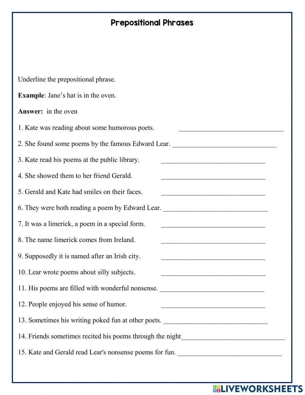 Prepositional Phrases Worksheet For Grade 5 Live Worksheets 