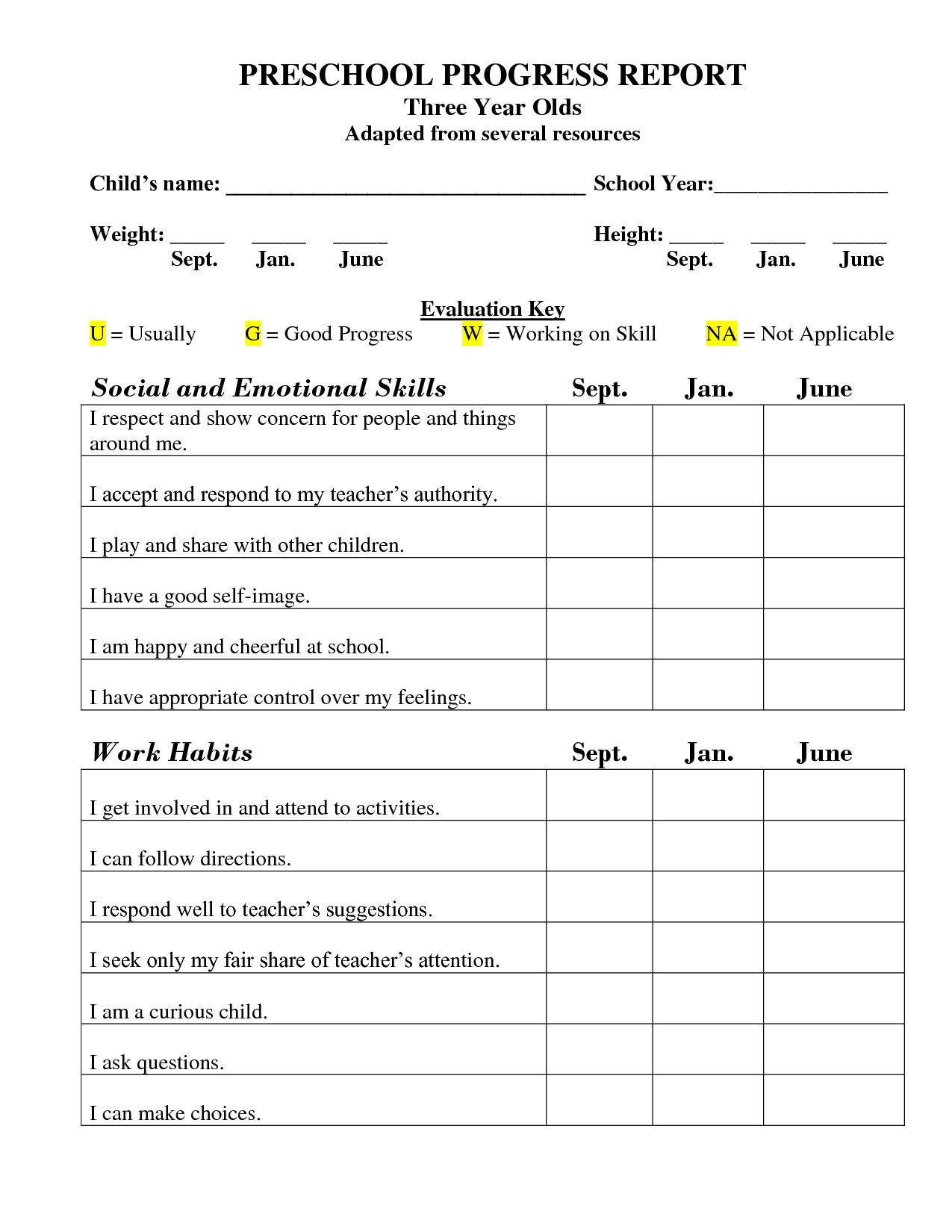free printable preschool report card template
