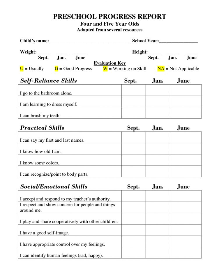 Preschool Progress Report Template Childcare Preschool Daily Free 