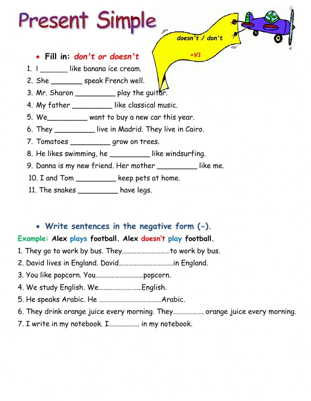 Present Simple Negative Worksheet For ESL Students