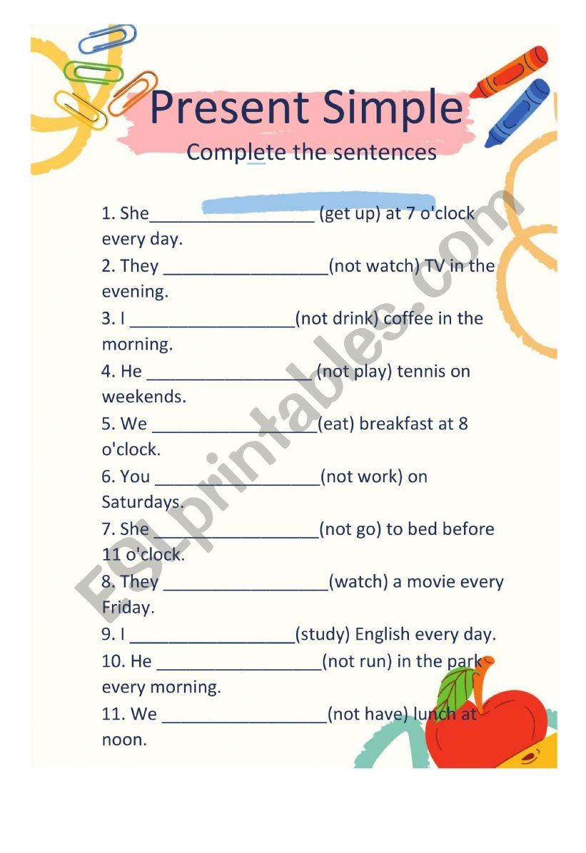 printable worksheet present simple