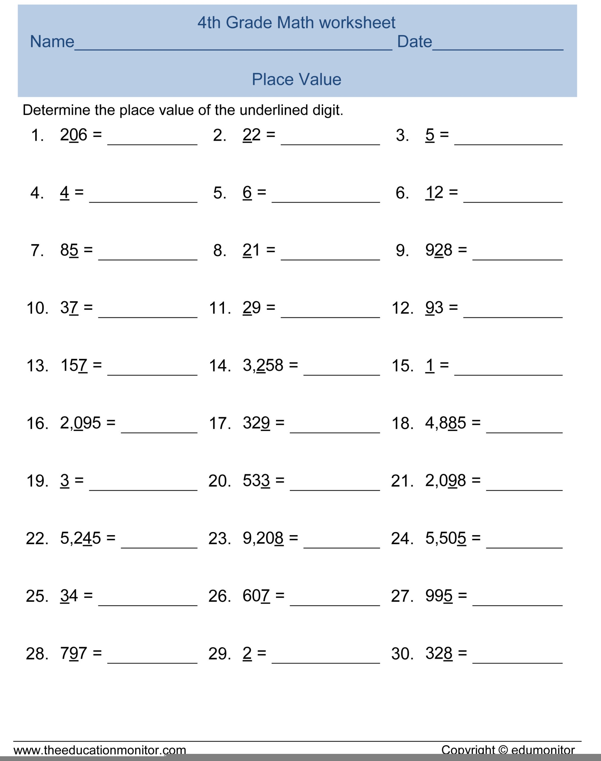 Printable 4th Grade Math Worksheets Printable Worksheets
