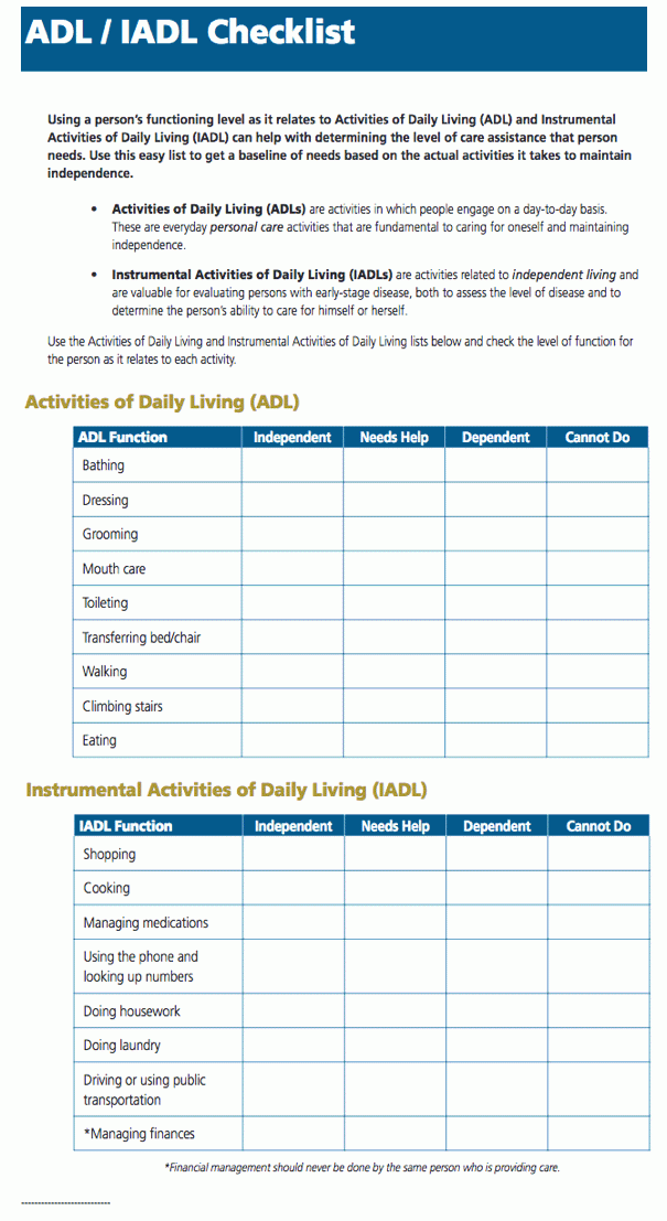 Printable Activities Of Daily Living Checklist Printable New Year Banners