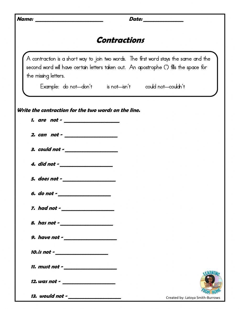 Printable Contraction Worksheets Matching And Cut And Paste 