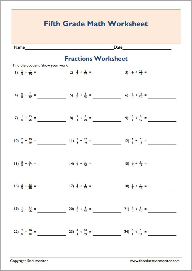 Printable Fractions Division Worksheets Divisonworksheets