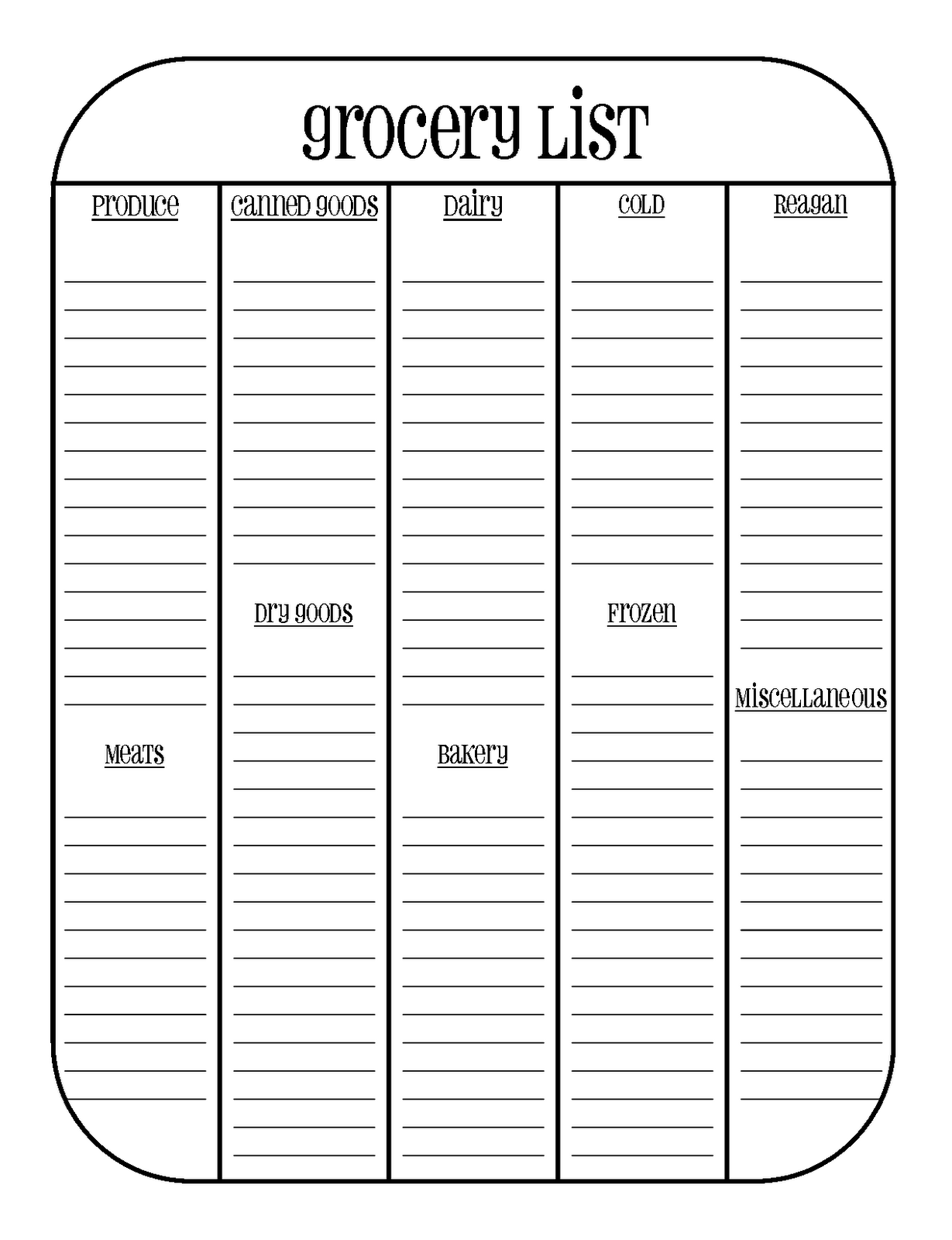 grocery list free printable template