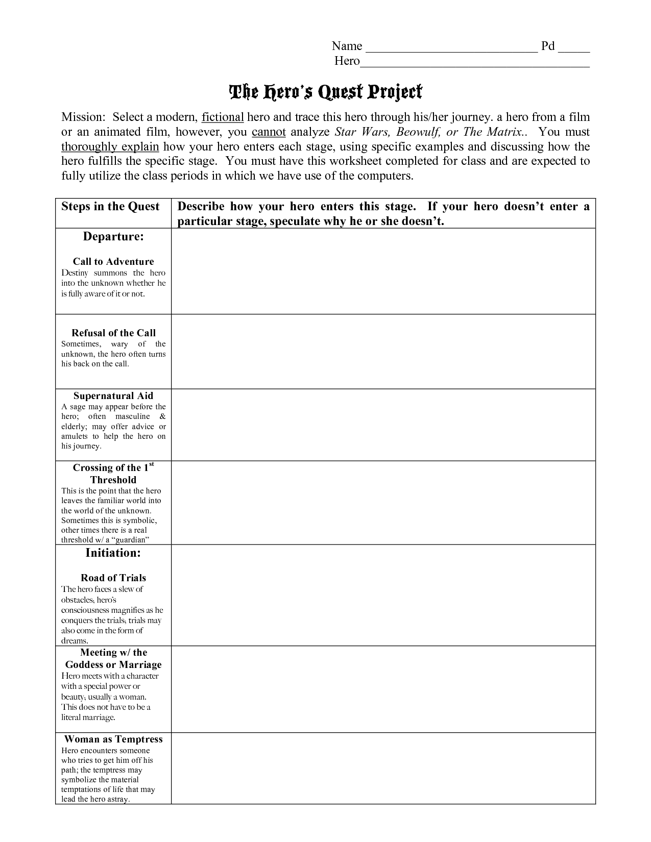 Printable Hero 39 s Journey Worksheet