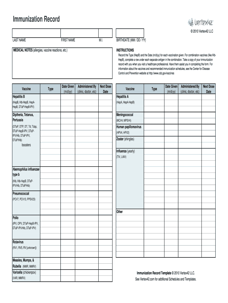 Printable Immunization Record Template Fillable Form 2024