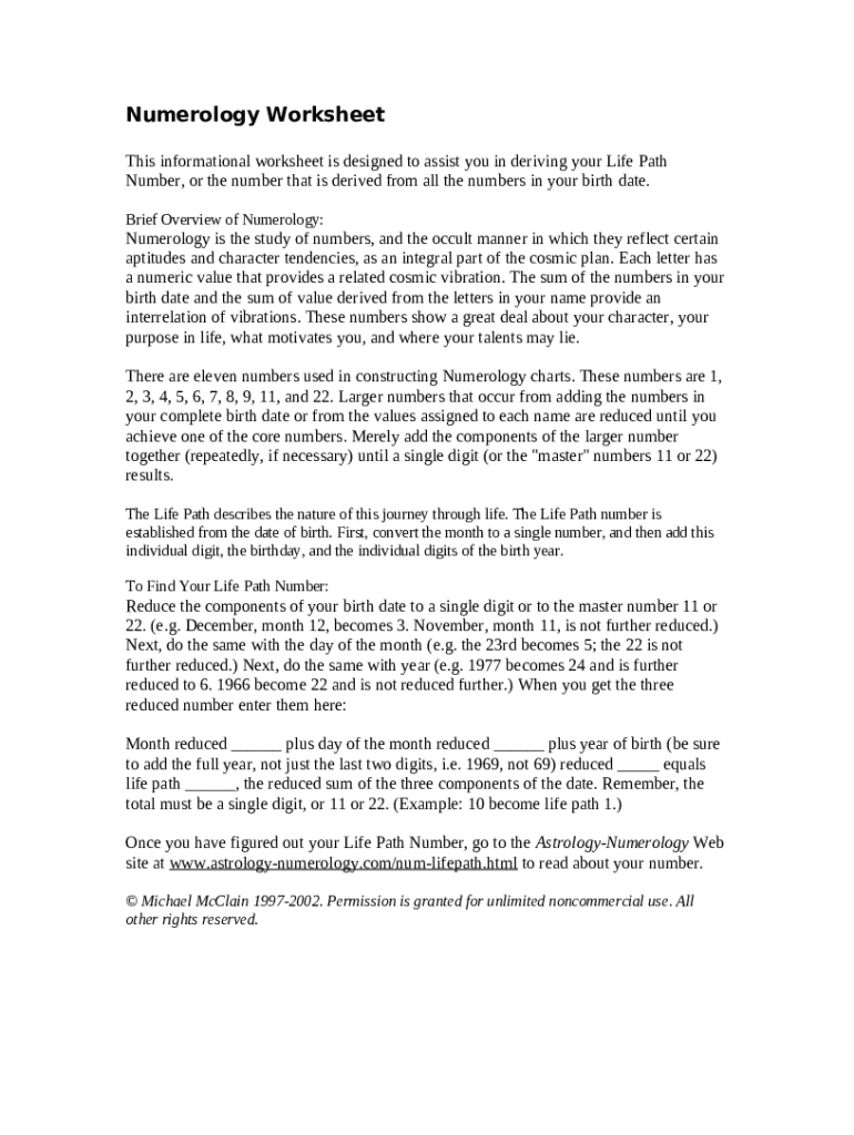 Printable Numerology Worksheet Doc Template PdfFiller