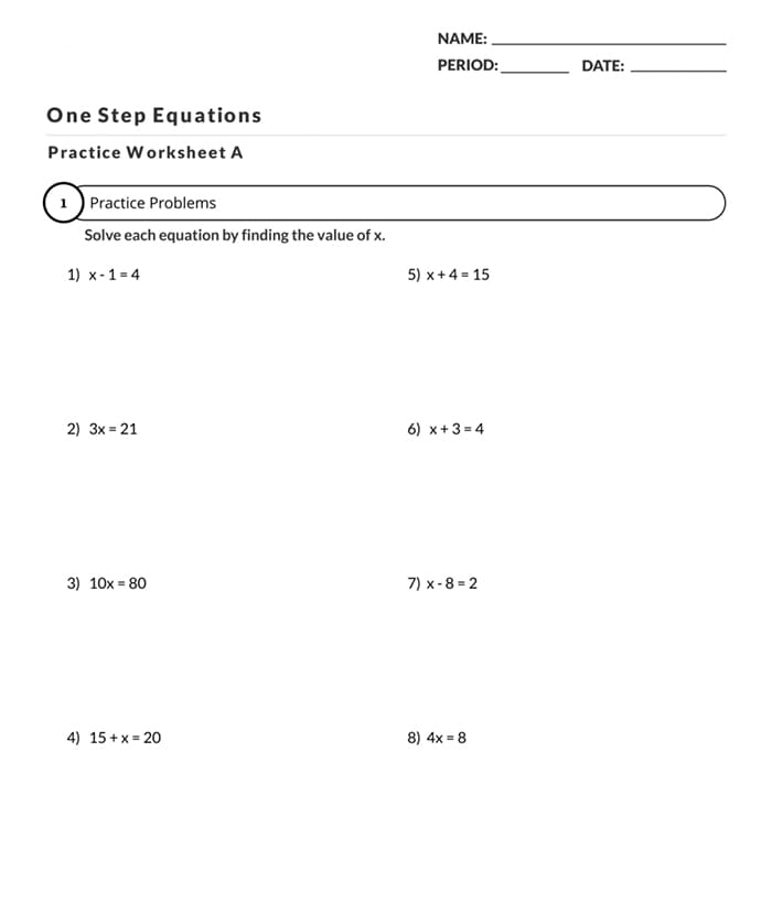 one step equation worksheet