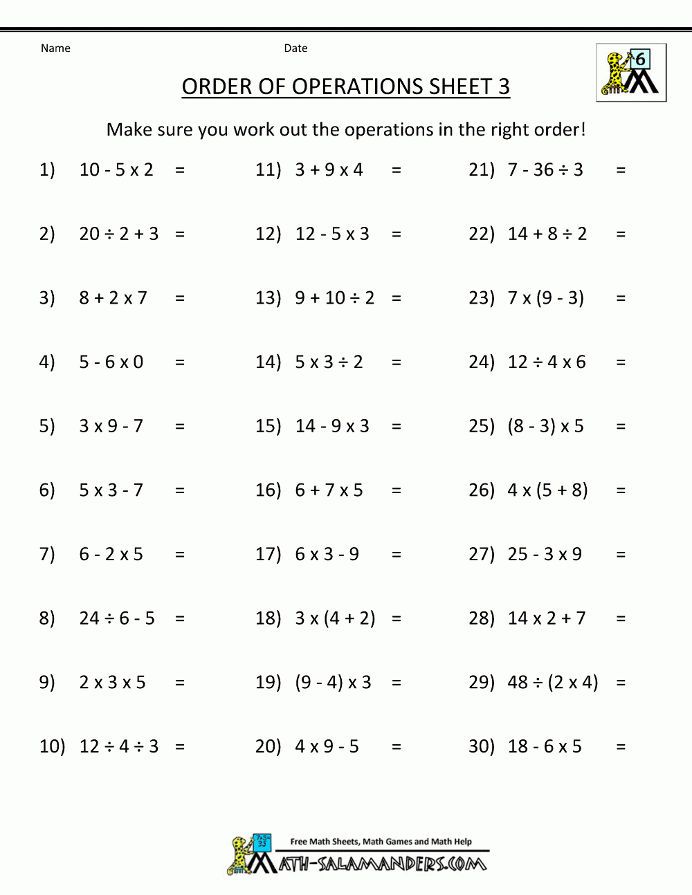 Printable Order Of Operations Worksheets With Answers Printable 
