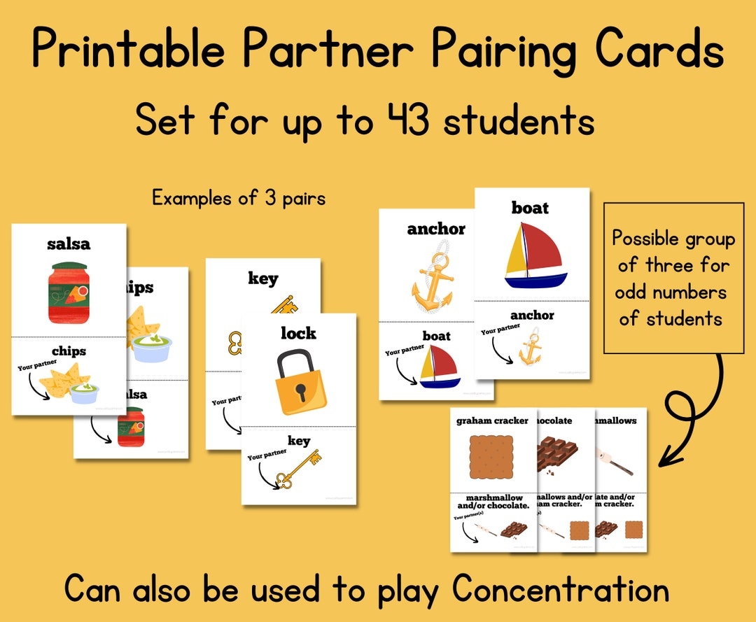 Printable Partner Pairing Matching Cards upper Elementary instant 