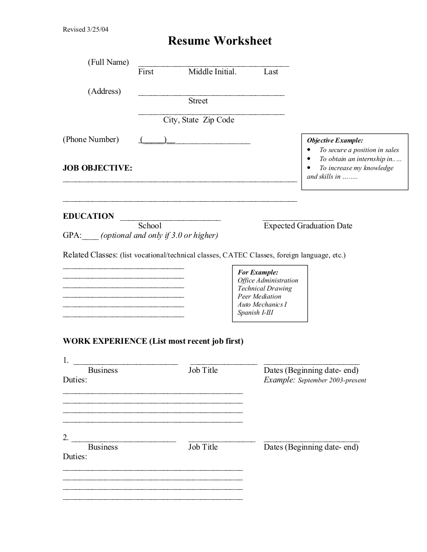 Printable Resume Worksheet