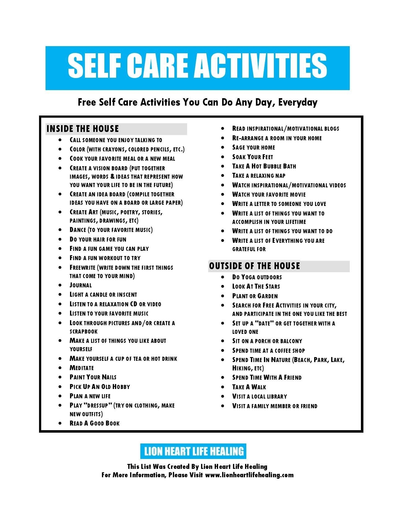 printable worksheets on self care