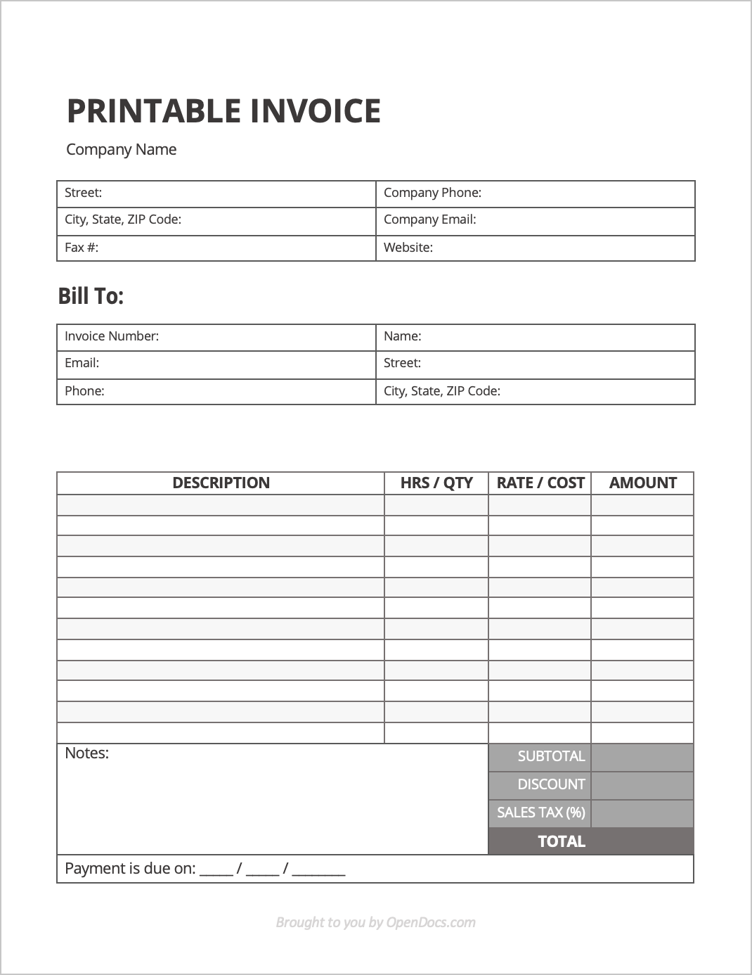 printable invoice template free
