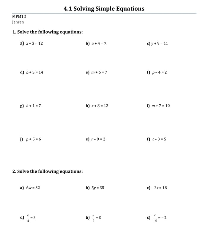 Printable Solving One Step Equation Worksheet Free Download And Print 