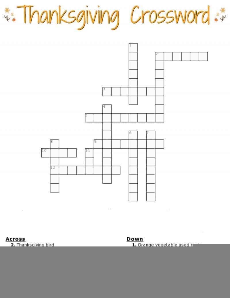 thanksgiving crossword puzzle free printable