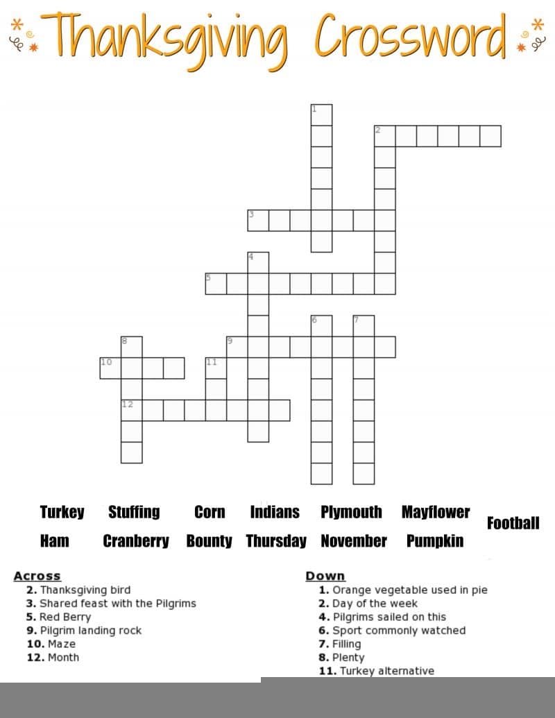 Printable Thanksgiving Puzzles Printable Crossword Puzzles