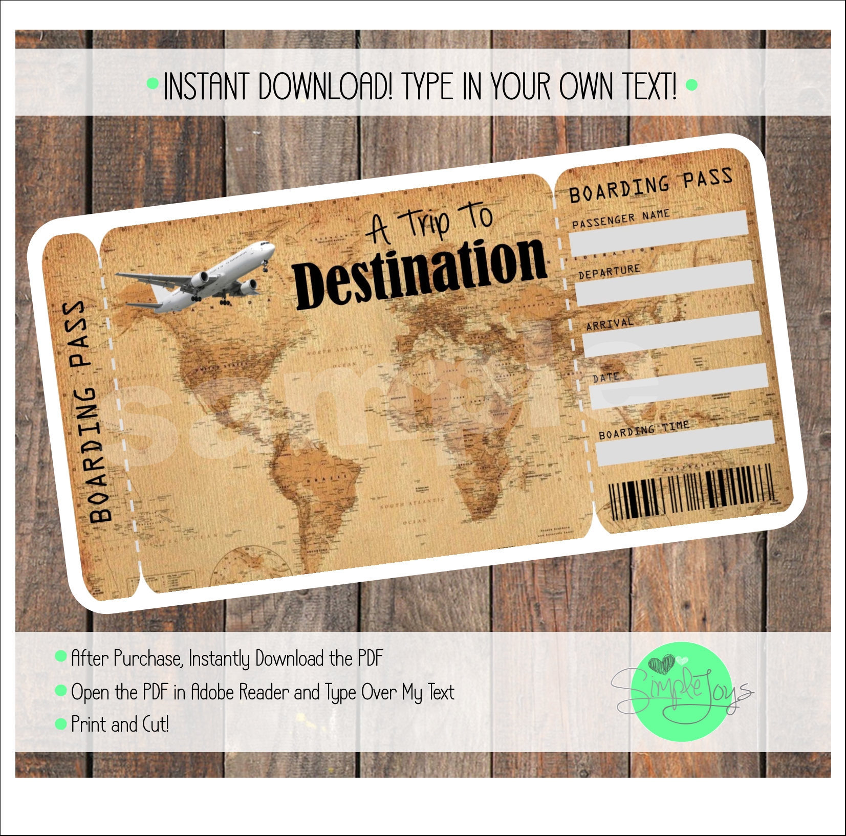 Printable Vacation Surprise Ticket Boarding Pass Vintage Map Template 