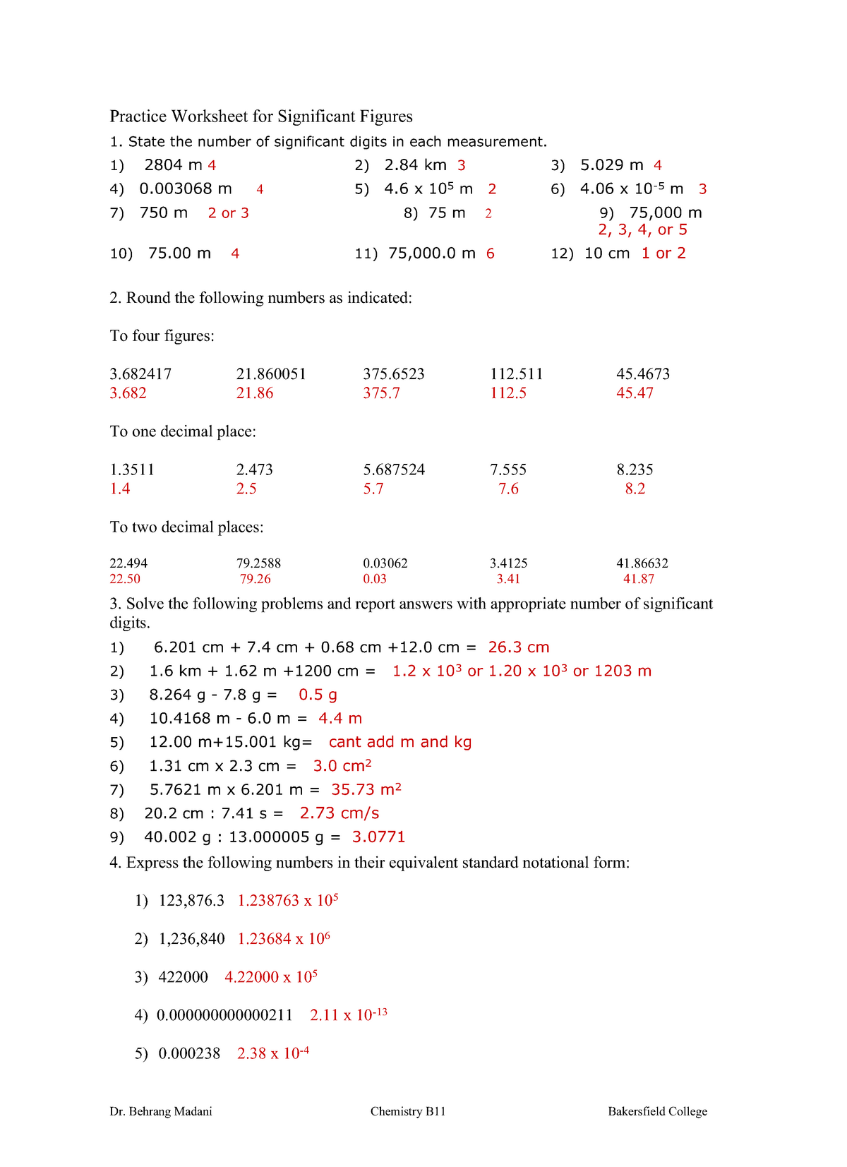Problem Set 1 Significant Figures Answer Sheet Dr Behrang 
