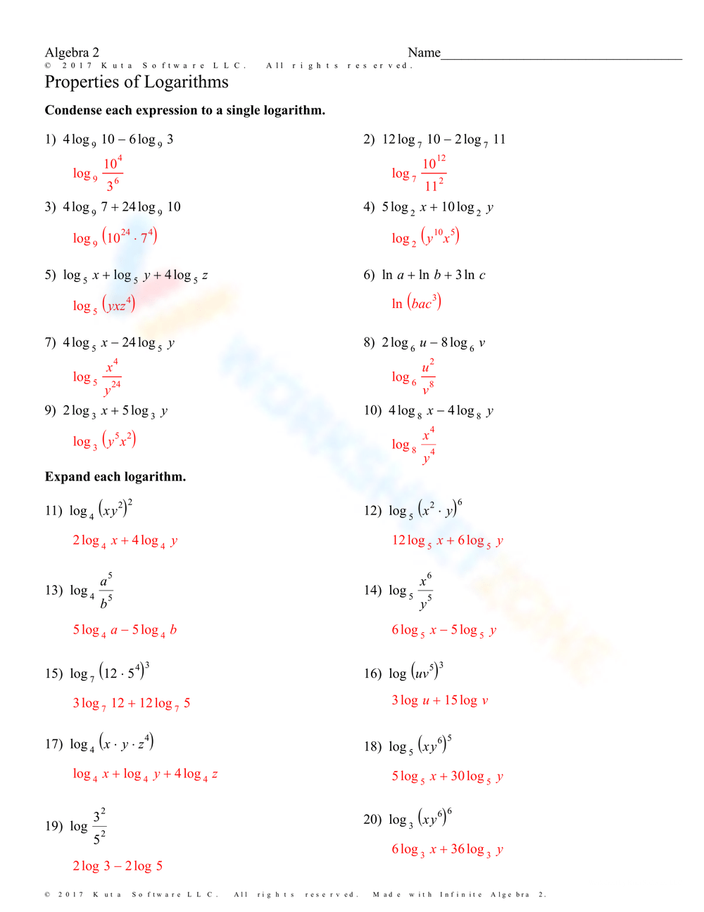 properties of logarithms worksheet
