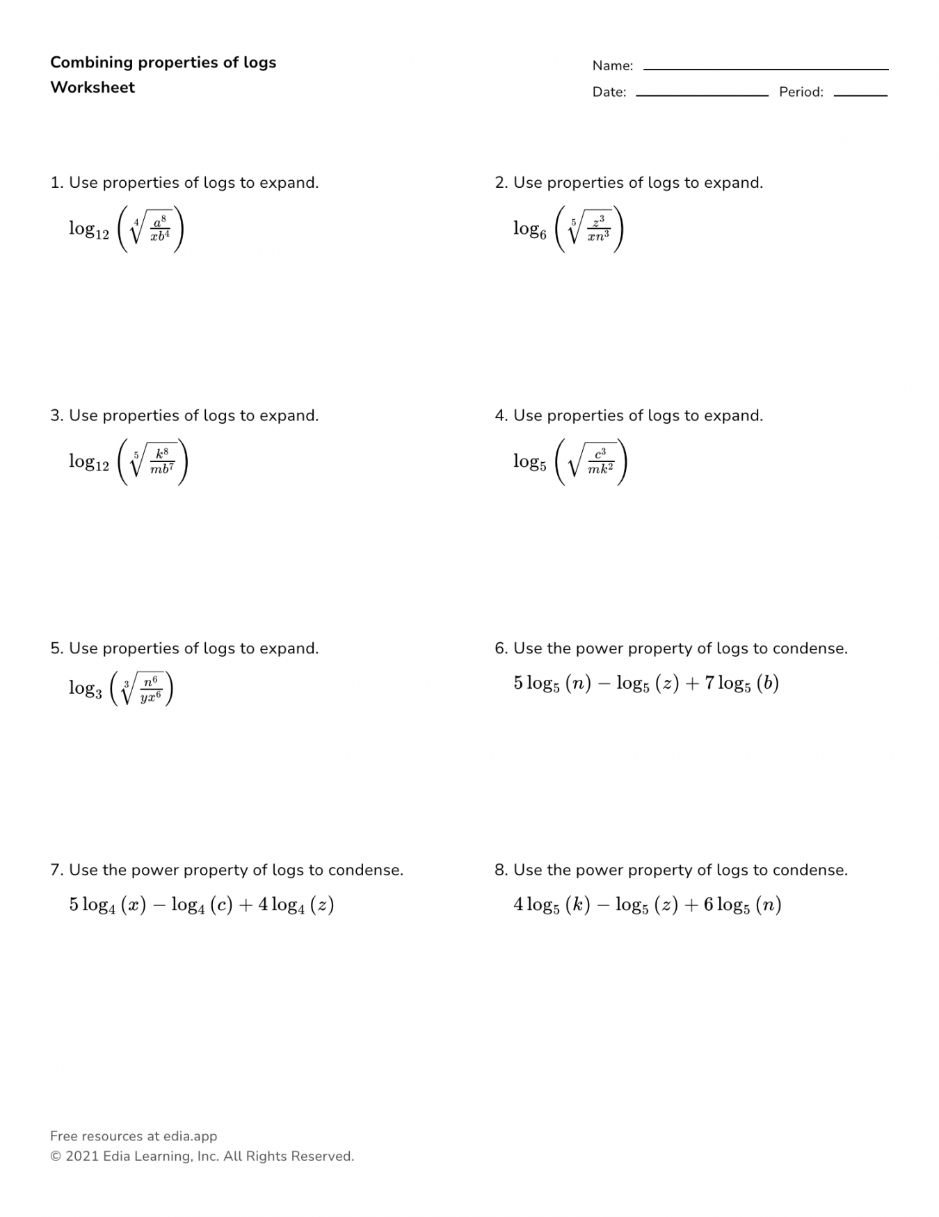 Properties Of Logarithms Worksheet Martin Lindelof