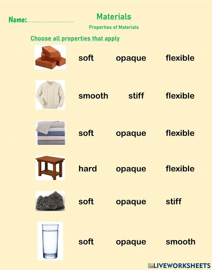 Properties Of Materials Exercise For Grade 1
