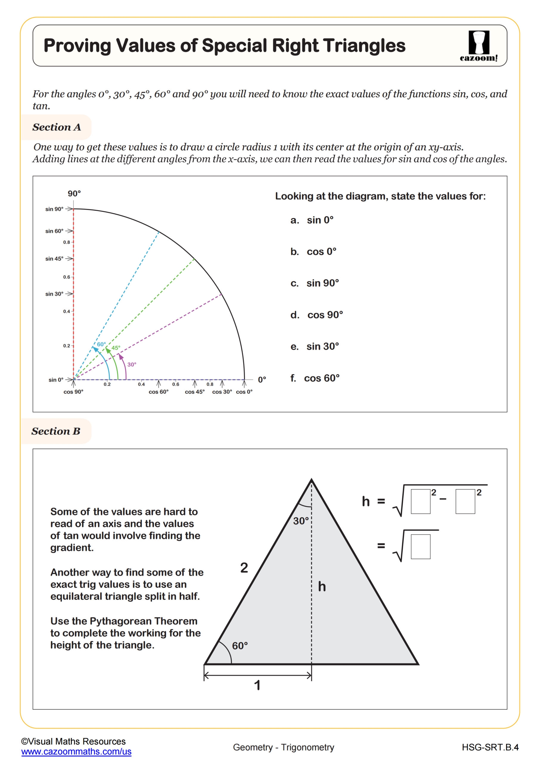 Proving Values Of Special Right Triangles Worksheet Algebra II 