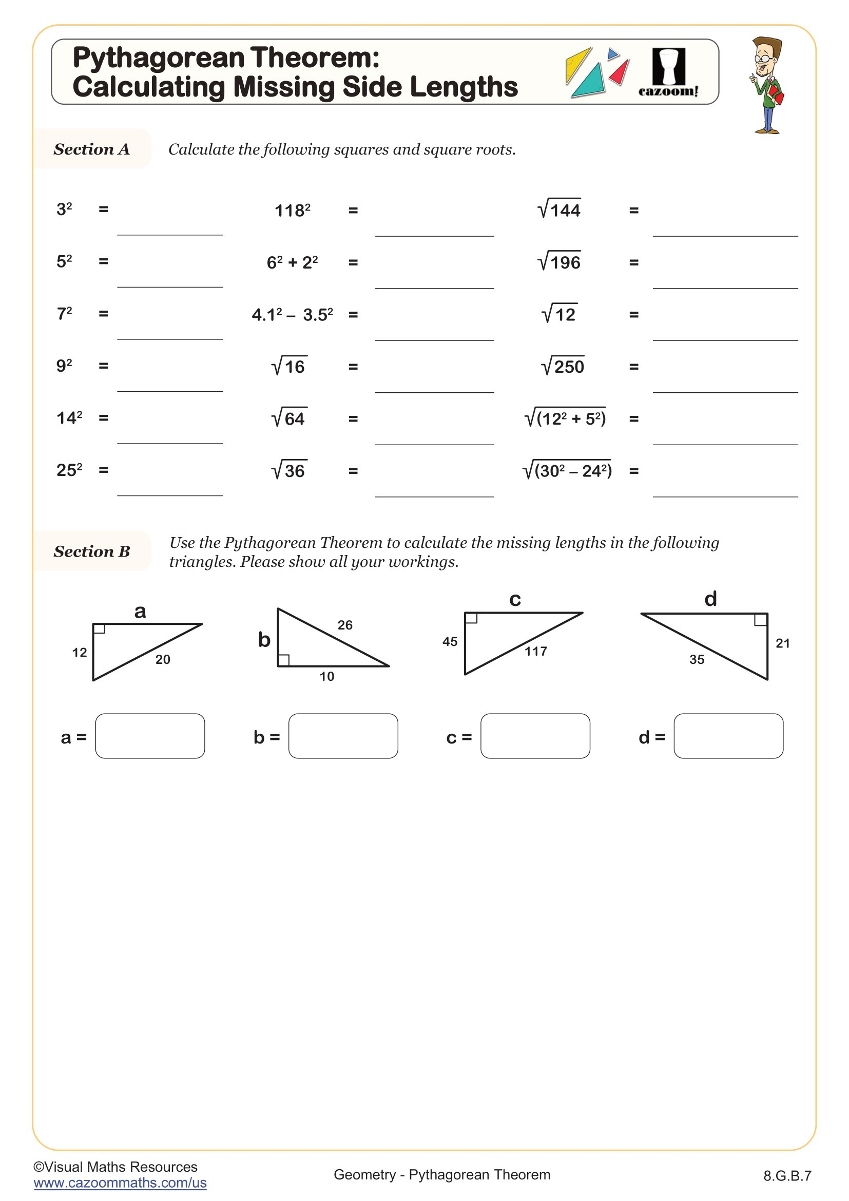Pythagorean Theorem Calculating Missing Side Lengths Worksheet 
