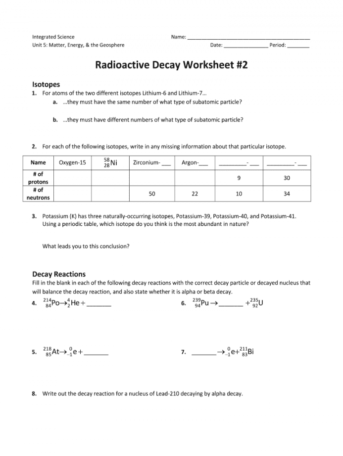 Radioactive Decay Practice Worksheet Printable PDF Template