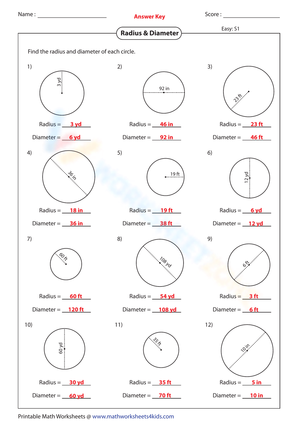 practice diameter and radius worksheet
