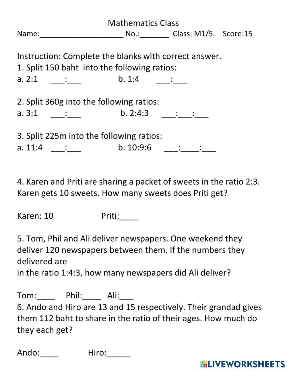 6th grade ratio worksheets