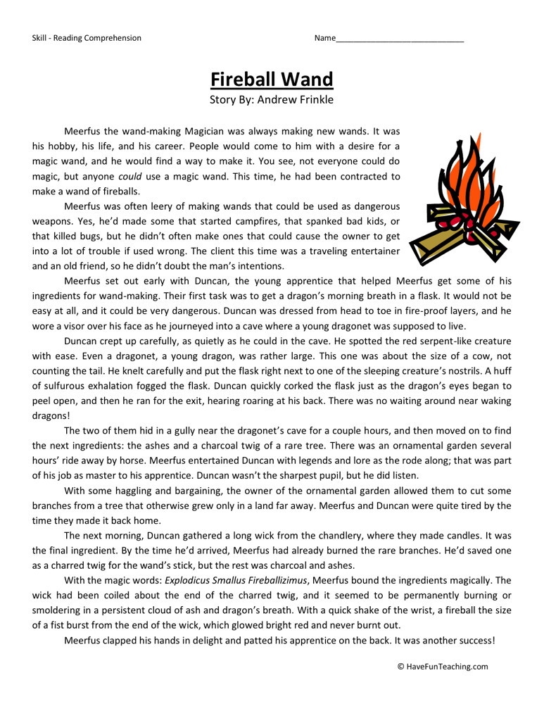 Reading Comprehension Worksheet Fireball Wand