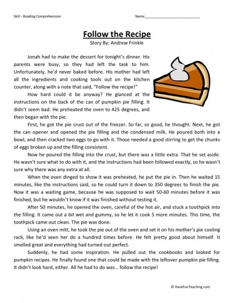 Reading Comprehension Worksheet Follow The Recipe