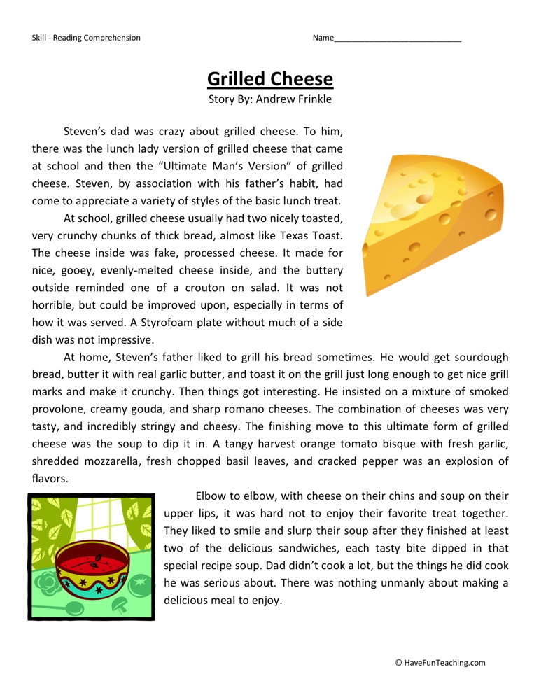 Reading Comprehension Worksheet Grilled Cheese