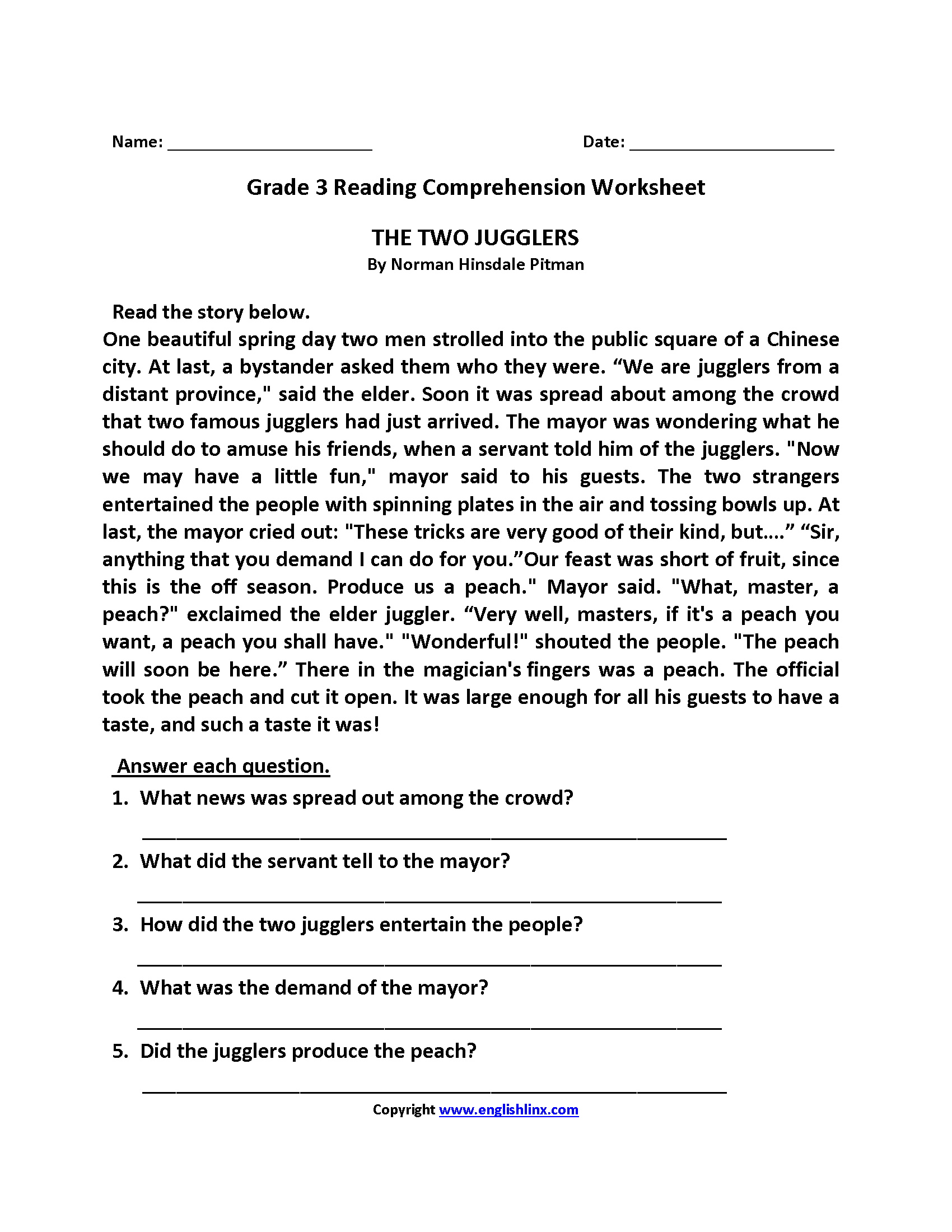 reading worksheets for 3rd grade