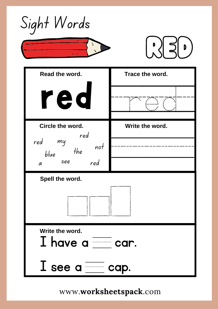 Red Sight Word Worksheet Printables Sight Words Worksheets PDF Free 