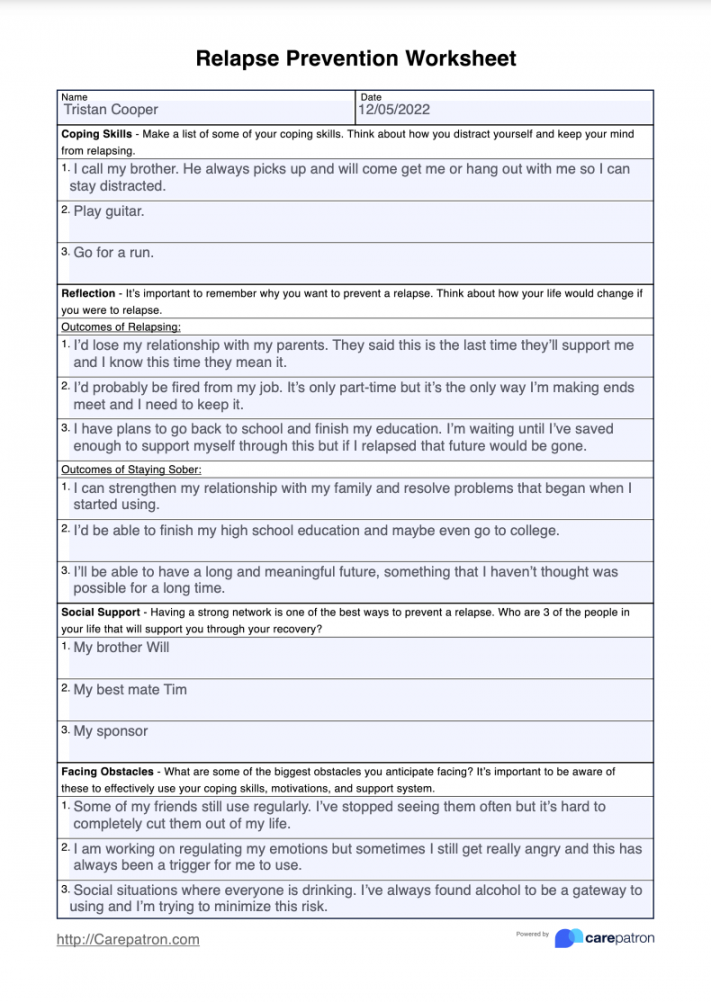 relapse prevention worksheet