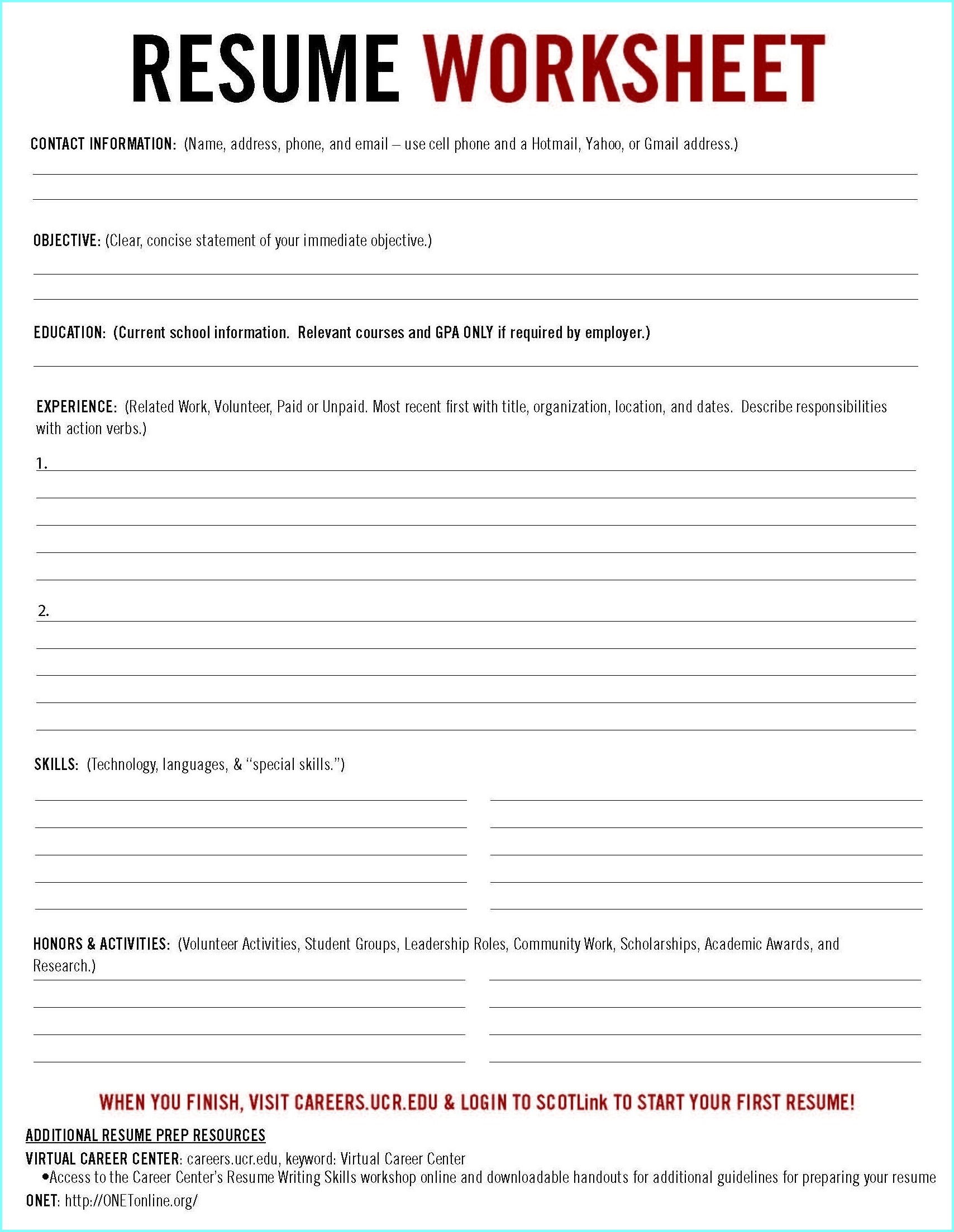 printable resume worksheet pdf