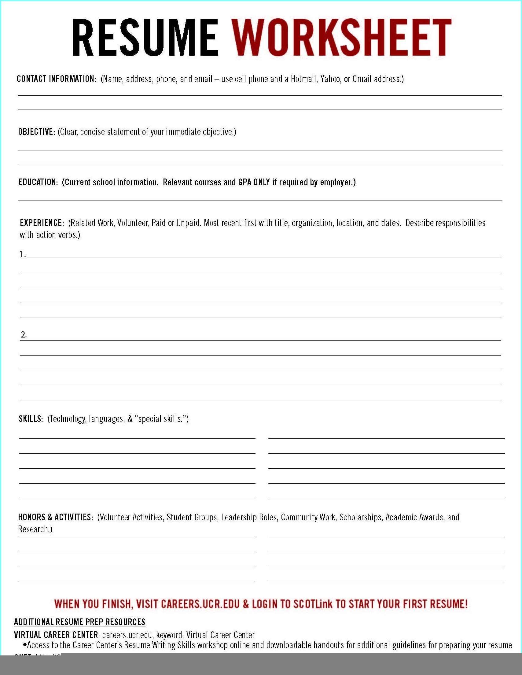 printable resume worksheet
